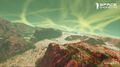 Alien planet: sky with clouds, planes, mountains, red trees